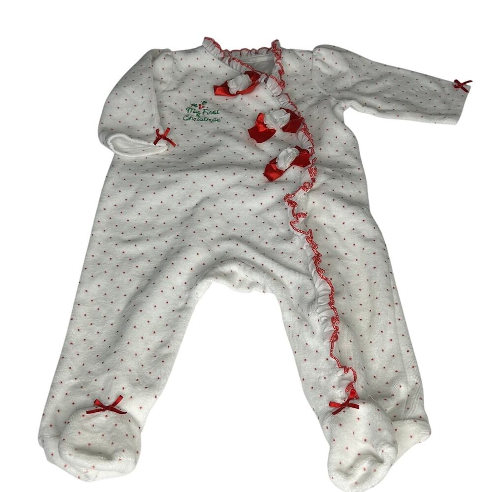 Little Me White sleeper with red polka dots My First Christmas sz 6 mth